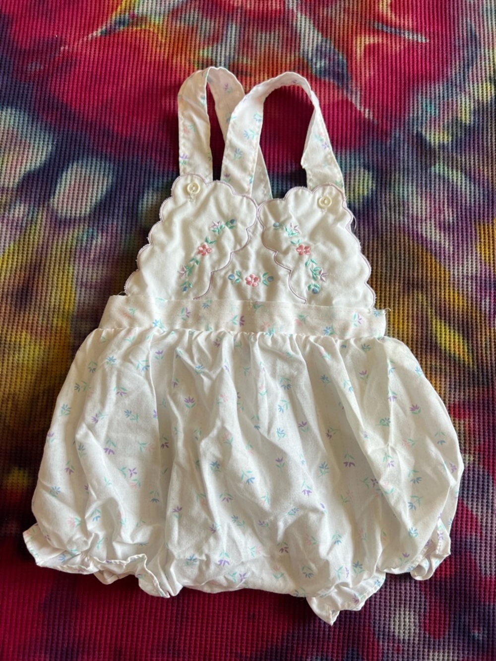 VTG 90s Embroidered Floral Print Scalloped Bib Bubble Romper 12M